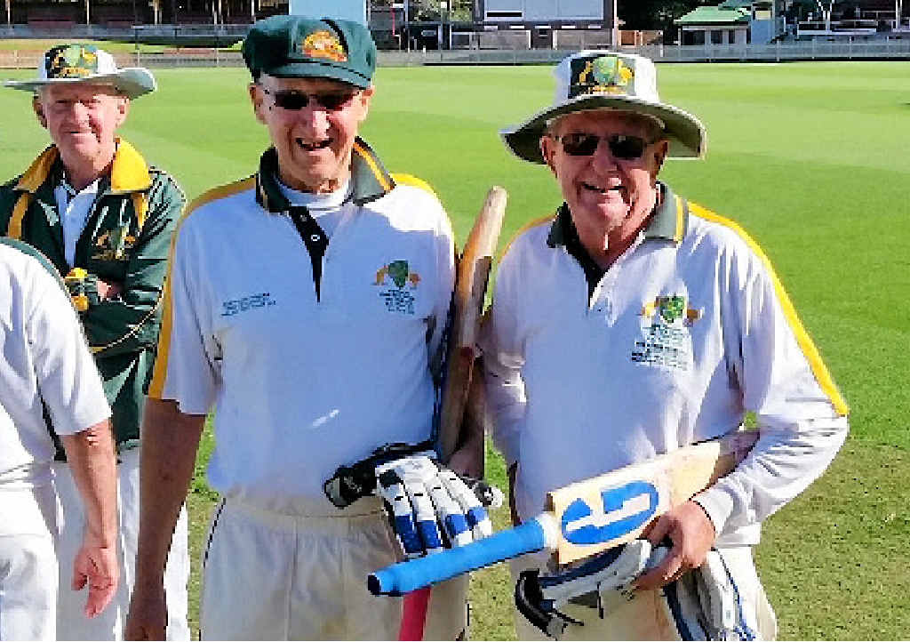 ABOVE: Nev Kratzmann and Ross Chapman were a winning partnership in the second match against England at North Sydney Oval. BELOW: The Australian over-70s cricket team shake hands at the end of the series. ABOVE: Nev Kratzmann and Ross Chapman were a winning partnership in the second match against England at North Sydney Oval. BELOW: The Australian over-70s cricket team shake hands at the end of the series.